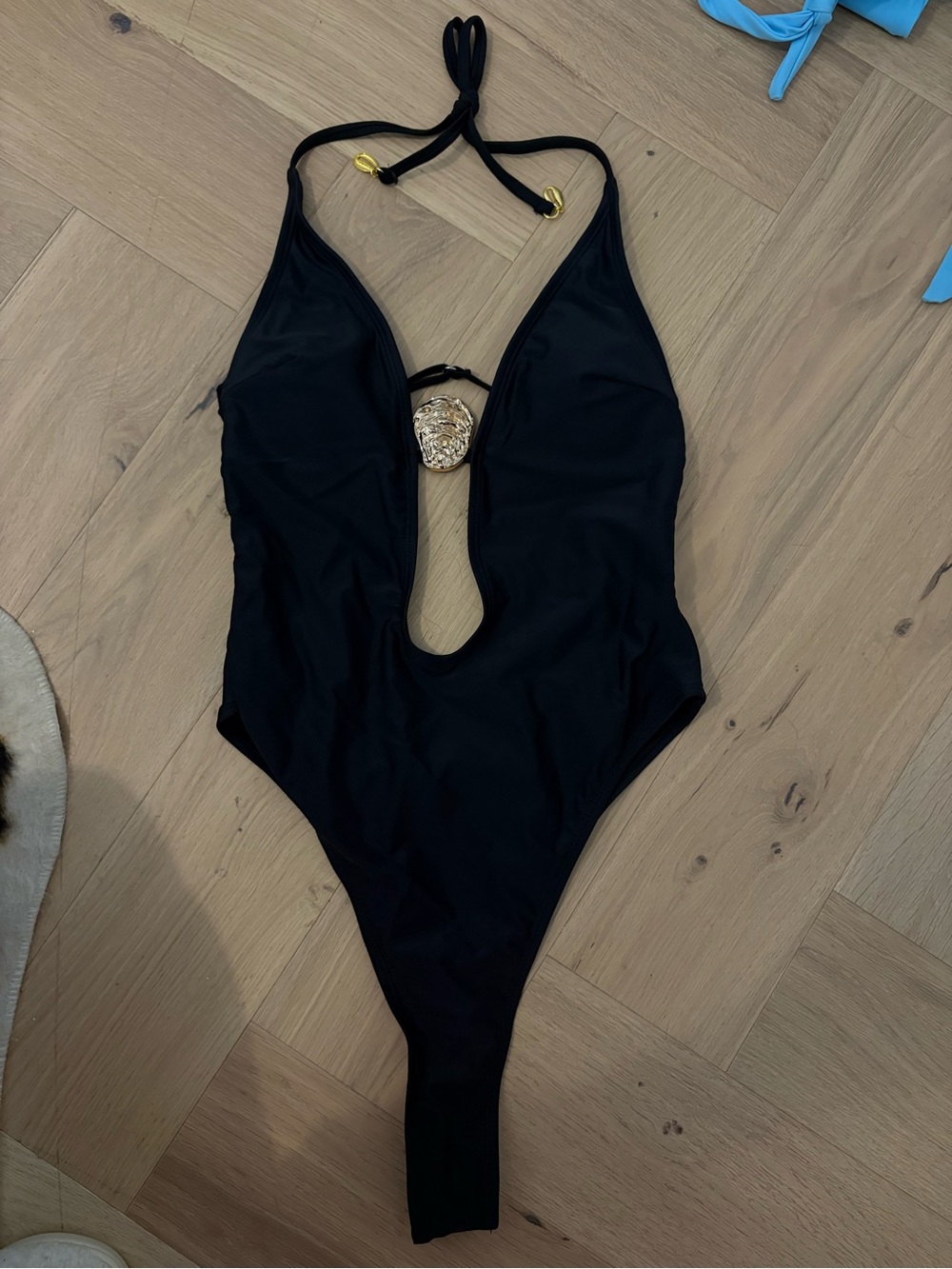 Black Deep-V One-Piece Swimsuit with Gold Accent
